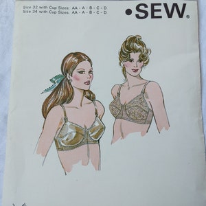 May include: A sewing pattern for a bra with two illustrations of women wearing the bra. The pattern is for sizes 32 and 34 with cup sizes AA, A, B, C, and D. The text on the pattern reads "•SEW."