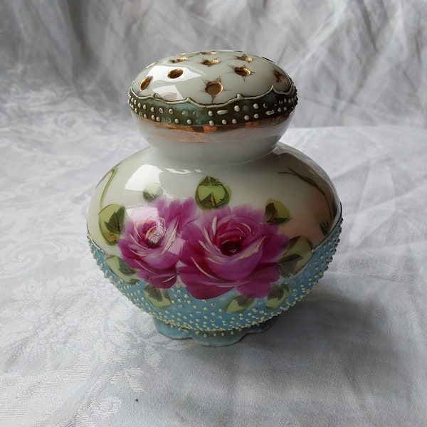 Beautiful antique moriage hand painted hat pin holder with pink cabbage roses