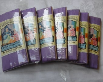 Vintage 1930s Priscilla purple double fold bias tape 7 unopened packages 6 yards each 1/4 inch wide cotton lawn 42 yards total