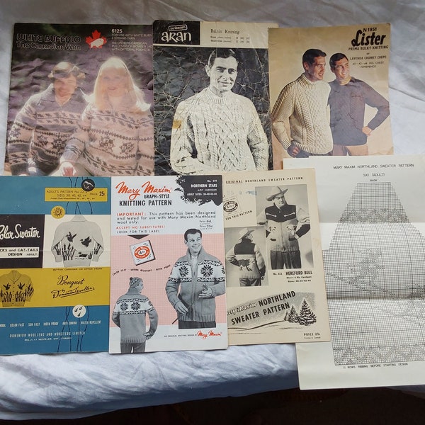 Lot of 8 vintage adult sweater knitting patterns aran and bulky wool Hereford skier reindeer ducks and cattails Northern stars 1950s 1980s