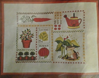 Bucilla creative needlecraft embroidery crewel kit Vegetable Patch finished size 18 x 24, never opened canvas and yarn included