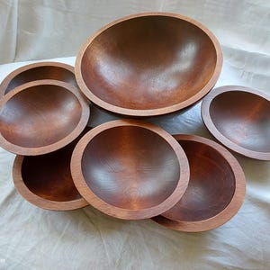 1970s Baribocraft wood maple salad bowls set of 6 and large serving bowl made in Canada