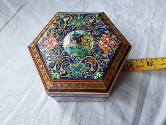 Vintage Hexagonal trinket box intricately hand pa… - image 7