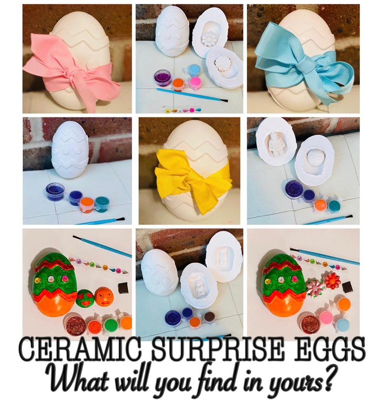 Ceramic Surprise Eggs Easter Gift-Easter Craft Kit for children-Lockdown Activity-Party Bag Favours/Fillers-Paint Set-Kids Activity image 1