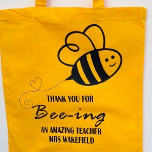 Personalised Bag-Teacher Gift-Any name-Personalised Gift-Unique Gift-Bee Happy-Cotton bag-Shoulder Shopper
