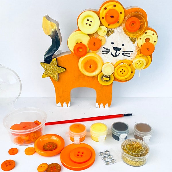 Lion Craft Kit-Button Art Craft-Children’s/Adult Craft-Craft Kit for Kids-Lockdown Gift-Painting Set-Eid Birthday Gift-Zoom Party Idea