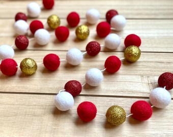 Red, White & Gold Glitter Felt Ball Christmas Garland