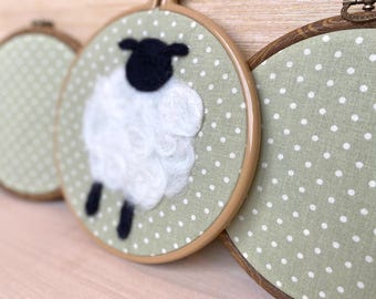 Needlefelt Wool Sheep Embroidery Hoop: Cottage Nursery Decor