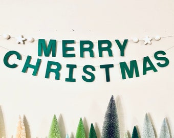 Merry Christmas Felt Letter Garland Banner, 4 inch Letters, Sewn, Emerald Green