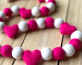 Valentine's Day Felt Garland: Hot Pink Hearts & White Balls