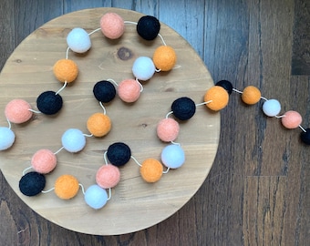 Modern Halloween Felt Ball Garland: Black, Peach & White, 5 ft