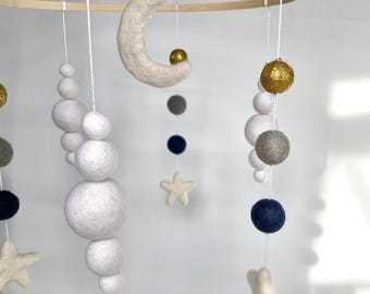 Crescent Moon Felt Baby Mobile: Gender Neutral Nursery Decor