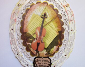 Oval Birthday Card, Violin Music Theme, Handmade Embellishments