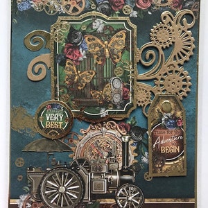 May include: A steampunk-themed card featuring a vintage-style train, gears, butterflies, and the text "All the Very Best" and "Time for the Adventure to Begin".