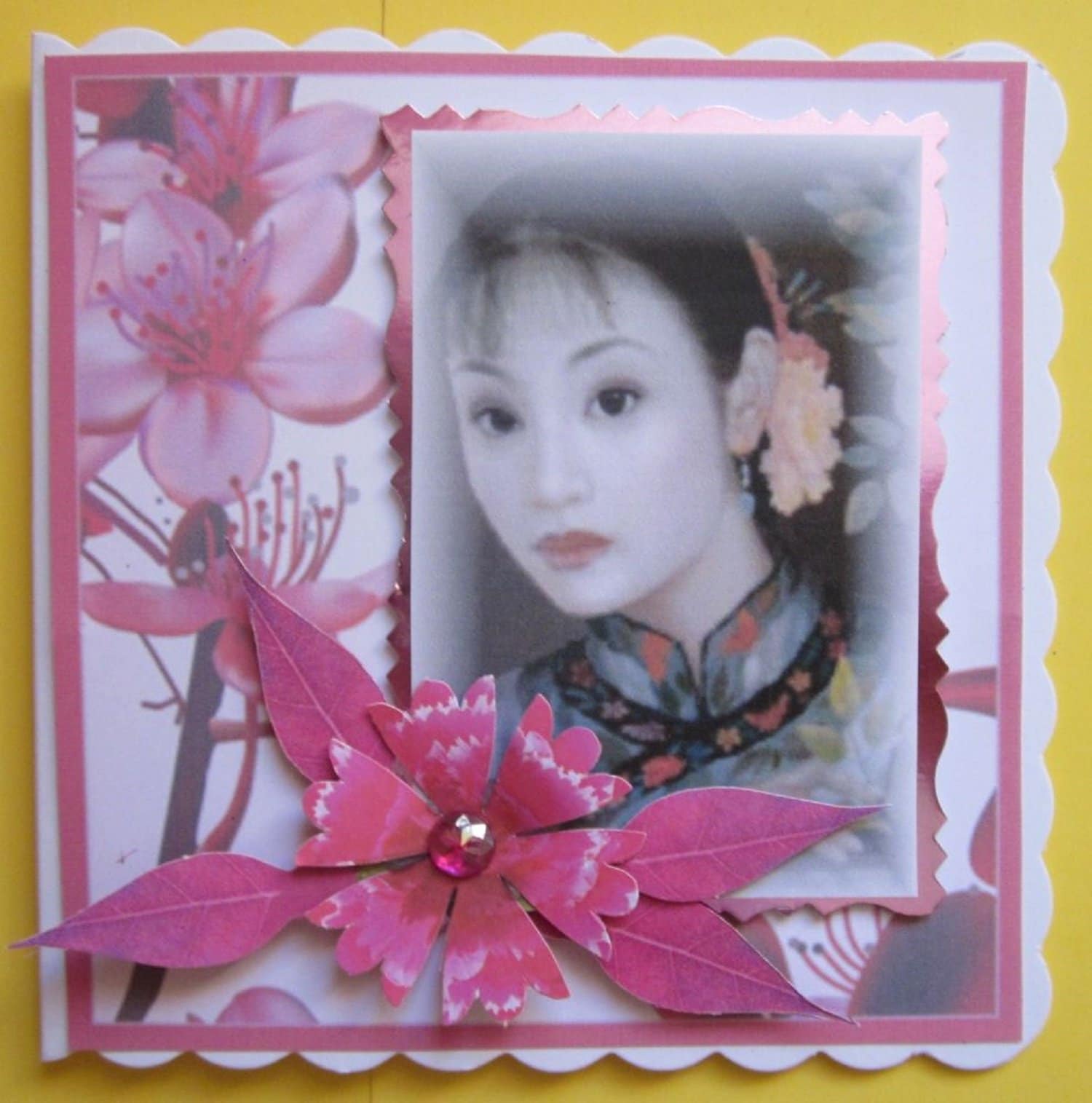 Handmade Oriental birthday card lady in pink & cherry blossom 