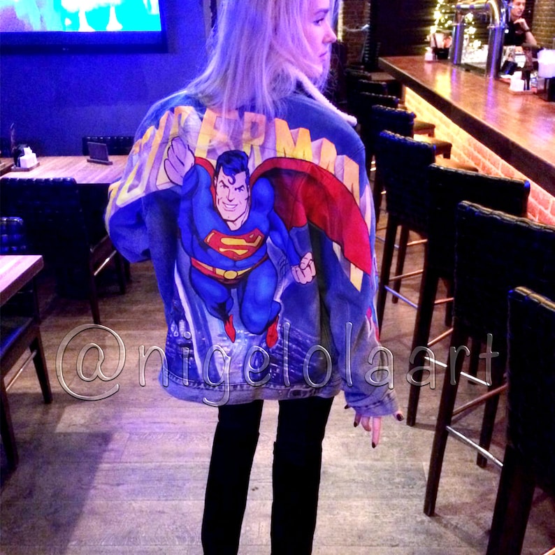 Denim jacket Painted denim jacket Superman Painted jacket Jean jacket superhero Painted jacket Denim jacket Painted jean jacket Man jacket