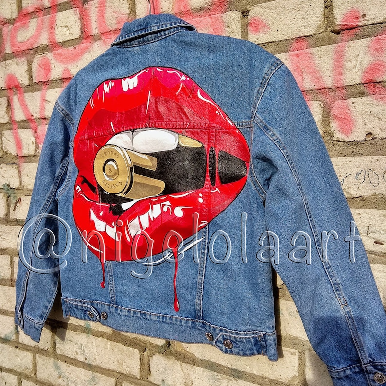 Hand painted jacket Lips gold Jean jacket art jacket Pop | Etsy