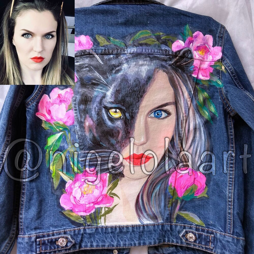 Painted denim jacket custom portrait panther jean jacket | Etsy