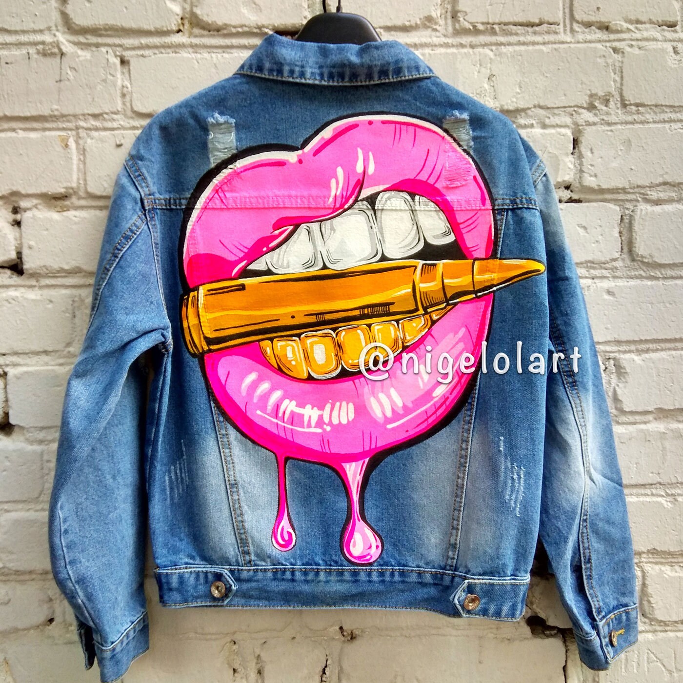 Hand painted jacket Lips gold Jean jacket art jacket Pop | Etsy