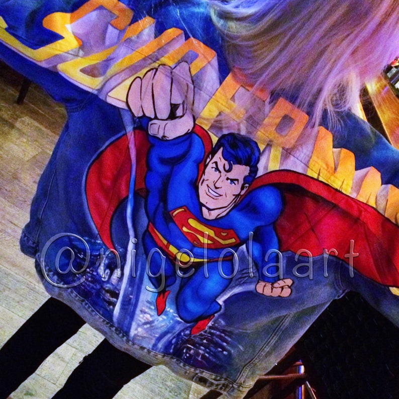 Denim jacket Painted denim jacket Superman Painted jacket Jean jacket superhero Painted jacket Denim jacket Painted jean jacket Man jacket