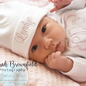 baby girl coming home outfit, Personalized baby girl gift, newborn gown, girl hospital outfit, monogrammed, layette, first pictures, pink