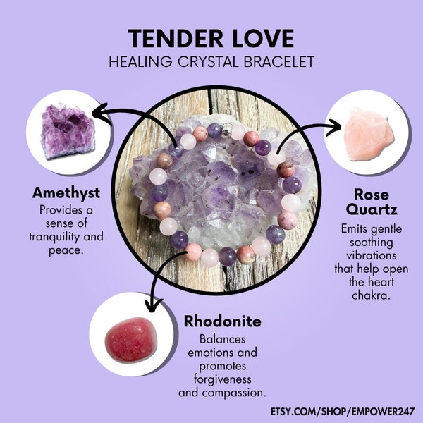 Tender Love Bracelet | Rose Quartz, Rhodonite and Amethyst Bead Bracelet |  Handmade Crystal Healing for Love | Gift for Her | Love Jewelry