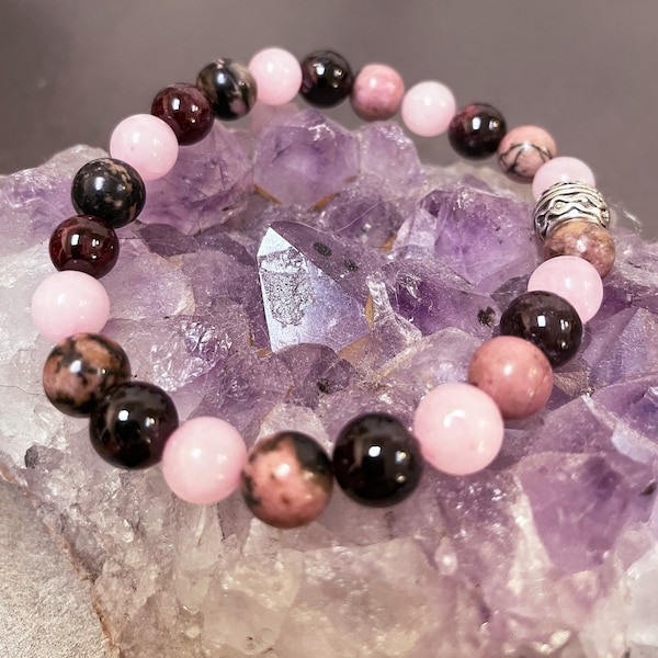 True Love Bracelet to Attract Love | Infused w/Reiki | Rose Quartz, Rhodonite and Garnet Handmade Crystal Healing Stretch Bracelet