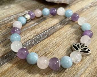 Peaceful Lotus Healing Crystal Bracelet with Amethyst, Rose Quartz, Aquamarine and Lotus Charm