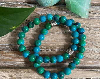 Handmade Chrysocolla Beaded Bracelet: Blue Green Gemstone Stretch Bracelet