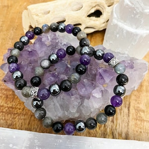 Empath Protection Beaded Stretch Bracelet | Black Tourmaline, Amethyst, Hematite, Silver Obsidian, Labradorite Bracelet | Energy Protection
