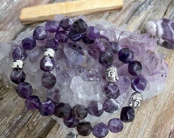 Faceted Amethyst Bead Bracelet with Silver-Tone Buddha