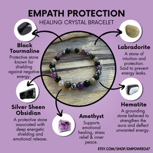 May include: An Empath Protection healing crystal bracelet featuring black tourmaline, labradorite, silver sheen obsidian, amethyst, and hematite. The bracelet is surrounded by text describing the properties of each stone.