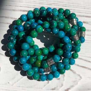 Bestselling Gift Handmade Beaded Stretch Bracelet, Blue Green Chrysocolla Gemstone Beads