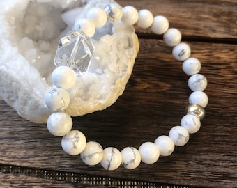 Howlite and Clear Quartz Nugget Crystal Bracelet for Stress Relief