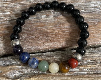 Chakra Bracelet with Black and Red Jasper, Tiger Eye, Citrine, Aventurine, Sodalite, Lapis, Amethyst