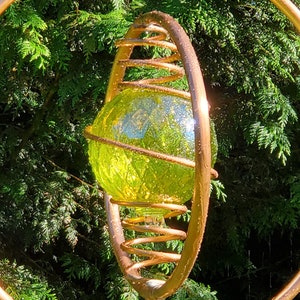 Garden sprinkler, copper, yellow green blown glass, kinetic, gardening, lawn art, gifts