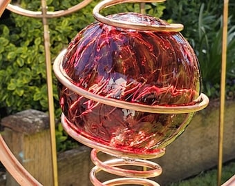 Garden Sprinkler, Copper, Cranberry Red Blown Glass, Water Feature