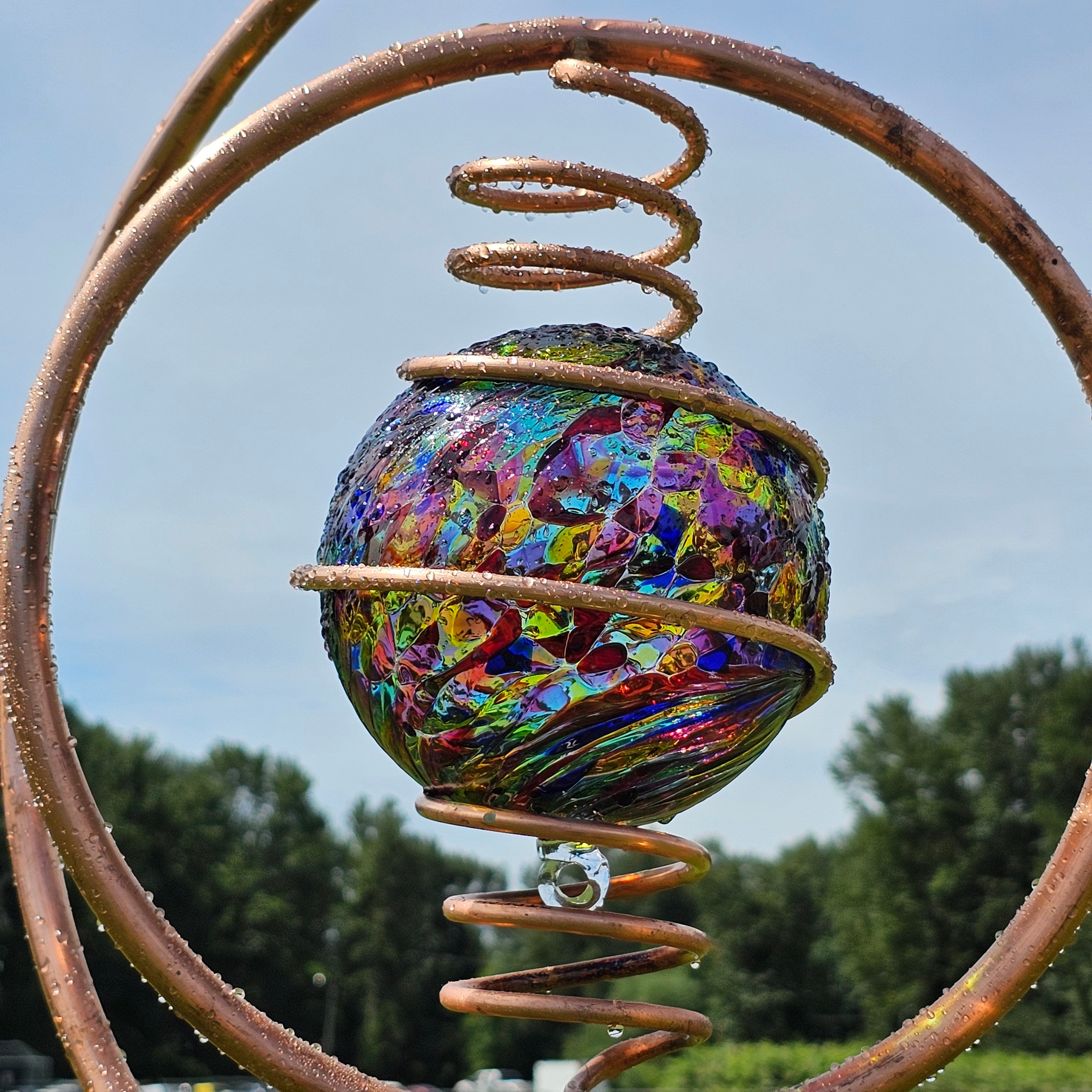 Copper Garden Sprinkler, Multicolor Blown Glass, Kinetic Yard Art
