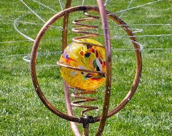 Kinetic Copper Garden Sprinkler, Yellow Blown Glass, Yard Art