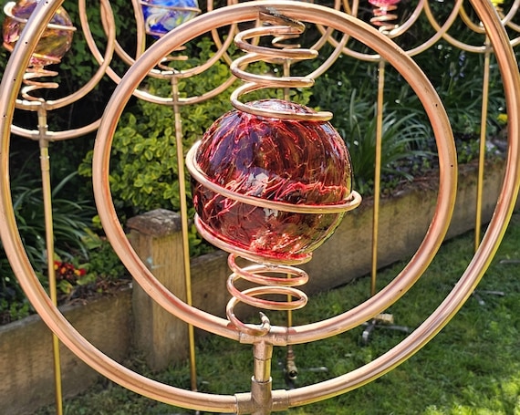 Garden Sprinkler, Copper, Cranberry Red Blown Glass, Water Feature