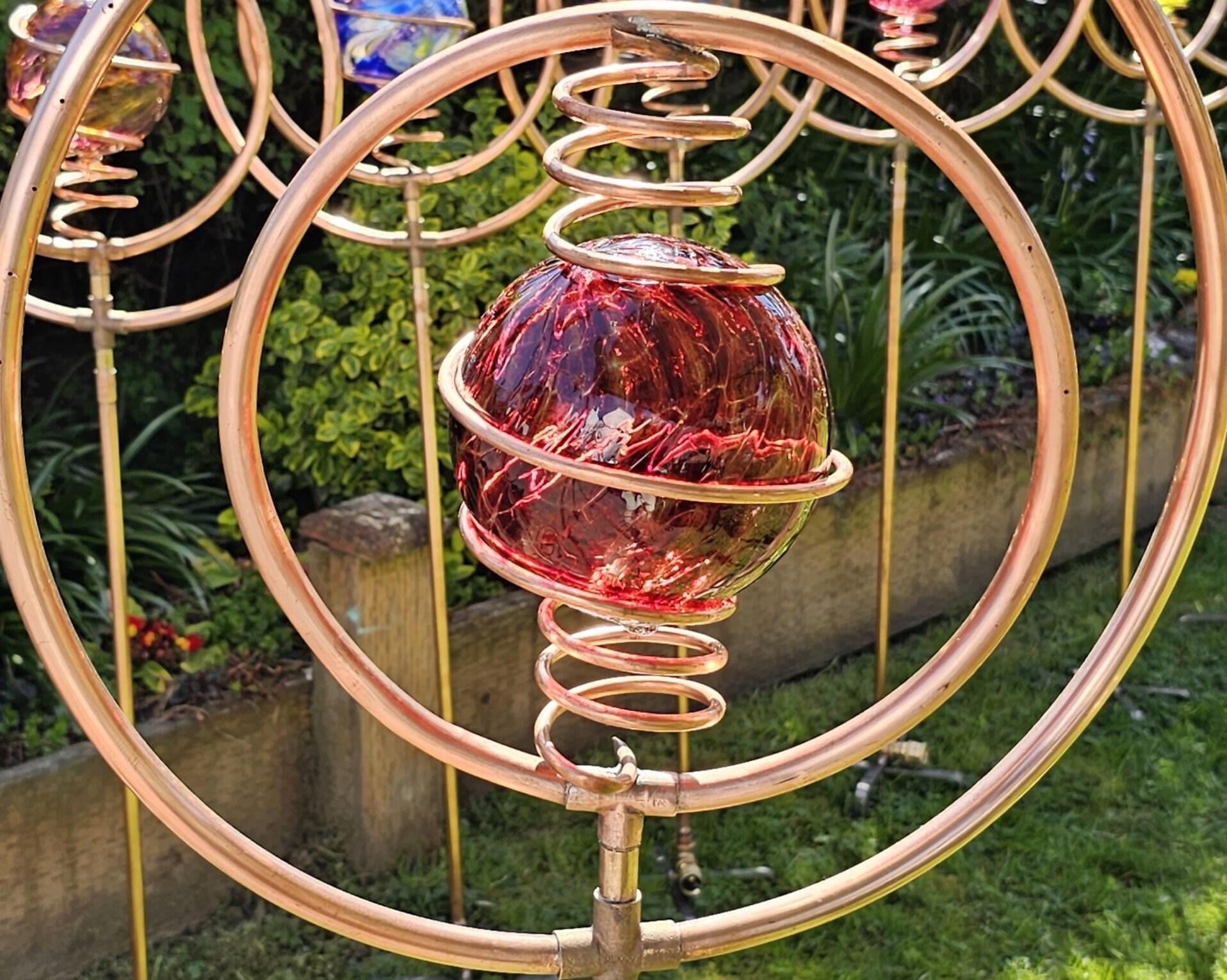 Garden Sprinkler, Copper, Cranberry Red Blown Glass, Water Feature