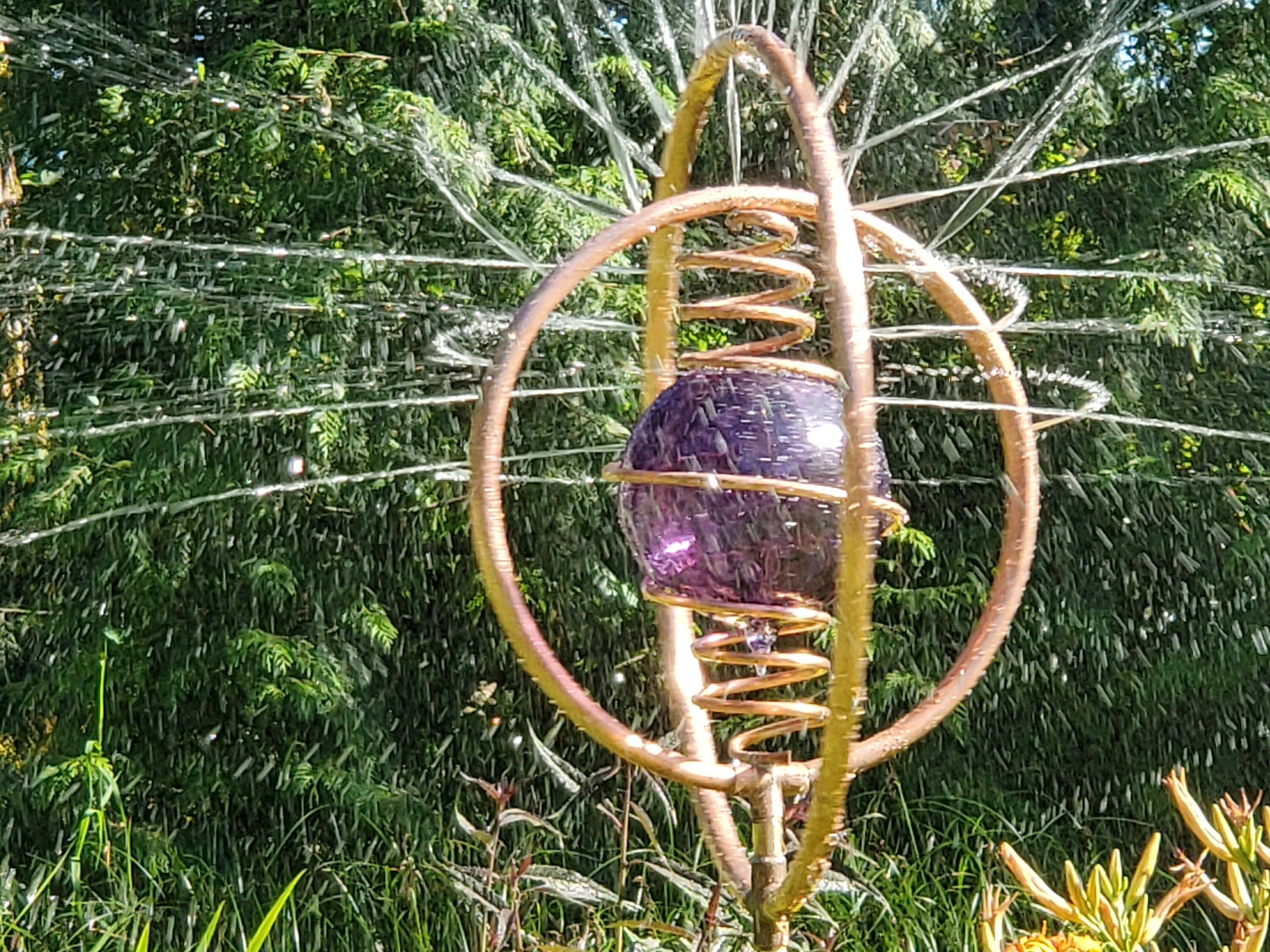 Purple Blown Glass Garden Sprinkler, Copper Kinetic Water Feature Purple Blown Glass Garden Sprinkler, Copper Kinetic Water Feature