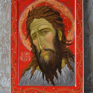 Saint John the Baptist Hand Painted egg tempera with gilding modern Ukrainian Icon of Roman Selivachov