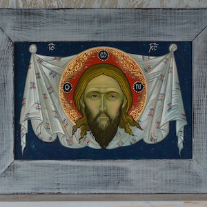 Holy Mandylion Jesus Christ Handmade egg tempera on the chipboard with gilding Ukrainian modern Icon of Roman Selivachov