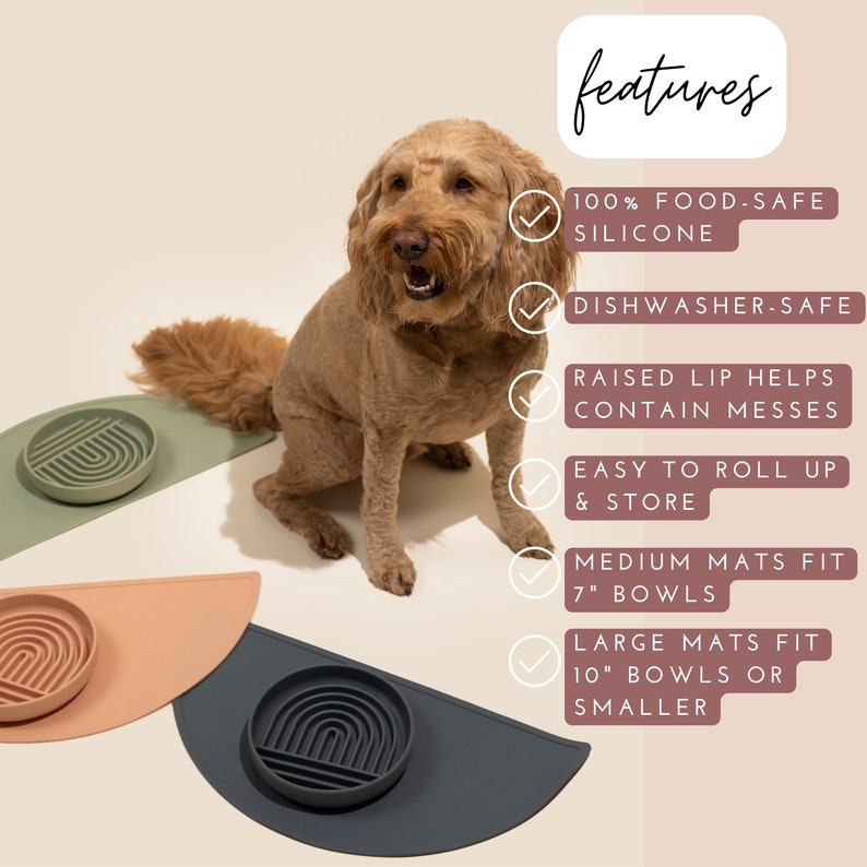 Dog food mat used under dog food and water bowls. The waterproof pet placemat protects floors. This dog bowl mat can also be used as a cat food mat for cat feeding & watering.