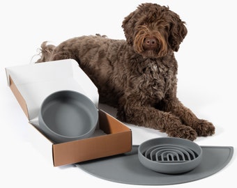 Charcoal Dog Bowl Set: Slow Feeder, Water Bowl & Silicone Mat