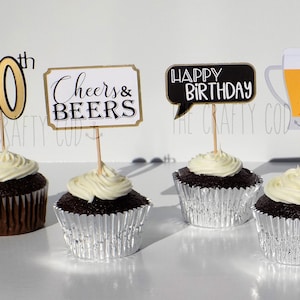 Beer - Birthday Cupcake Toppers, 21, 30, 40, 50, 60 - Cheers and Beers/Happy Birthday - Black/Gold, Sets of 12