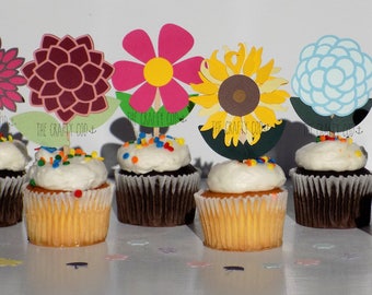 Flower Cupcake/Food Toppers - Garden/Shower/Easter/Spring/Party - Daisy/Sunflower/Hydrangea - Set of 12