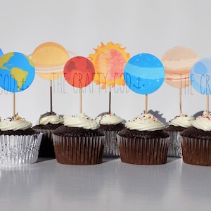 Planet/Space/Rocket Cupcake Toppers - Birthday - Sun/Earth/Saturn - Watercolor - Sets of 11