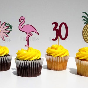 Luau Cupcake-Food Toppers/Hawaiian Theme/Birthday/Sets of 12/Pineapple, Flamingo, Flower, Number/30-Glitter-Custom